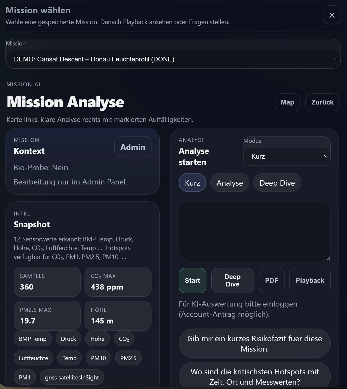 Screenshot der KI-Missionsanalyse mit Kennzahlen und Fragevorschlägen