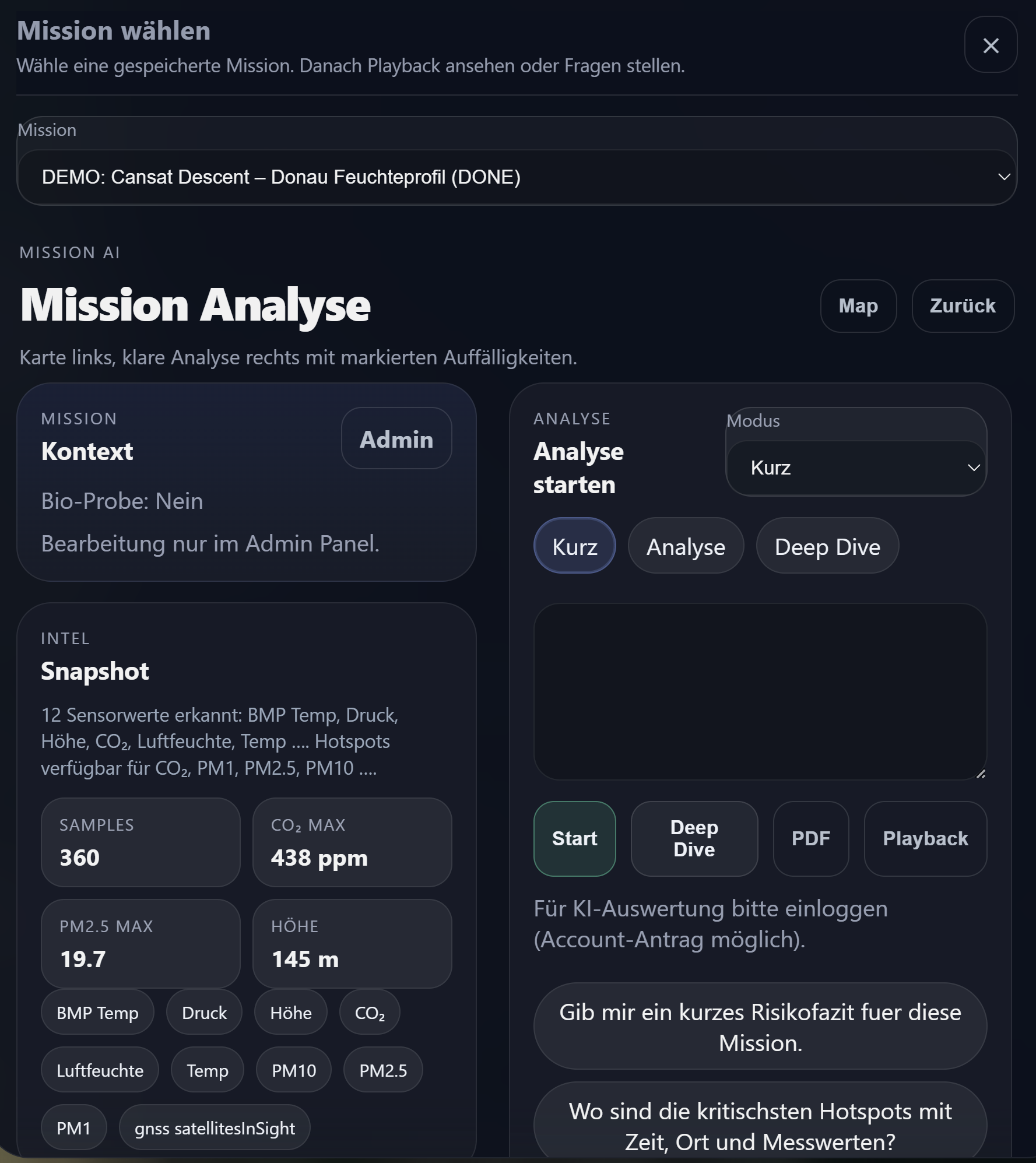 KI-Analyseoberfläche für BioSat Missionsdaten