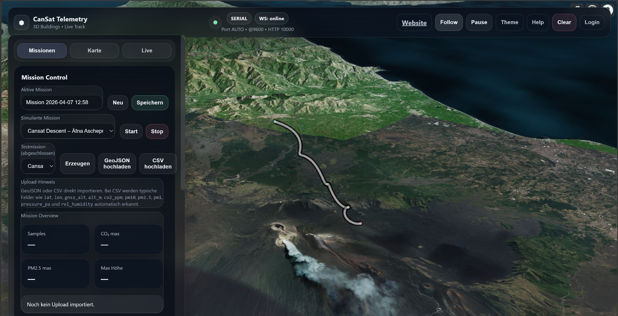 Screenshot der BioSat Livemap mit Missionsverlauf